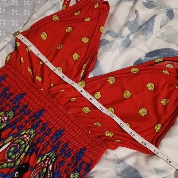 Lildy Surpliced Red Multicolor Ruched Smocked Dress, Size S/M - Picture 7 of 10